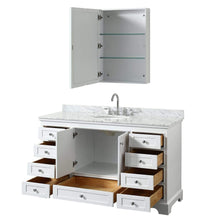 Load image into Gallery viewer, Wyndham Collection Vanity Wyndham Collection WCS202060SWHCMUNOMED Deborah 60 Inch Single Bathroom Vanity in White, White Carrara Marble Countertop, Undermount Oval Sink, and Medicine Cabinet