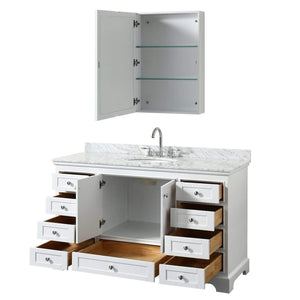 Wyndham Collection Vanity Wyndham Collection WCS202060SWHCMUNOMED Deborah 60 Inch Single Bathroom Vanity in White, White Carrara Marble Countertop, Undermount Oval Sink, and Medicine Cabinet