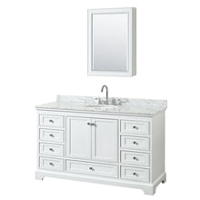Load image into Gallery viewer, Wyndham Collection Vanity Wyndham Collection WCS202060SWHCMUNOMED Deborah 60 Inch Single Bathroom Vanity in White, White Carrara Marble Countertop, Undermount Oval Sink, and Medicine Cabinet