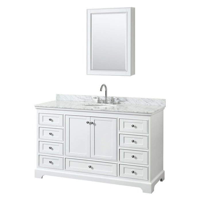 Wyndham Collection Vanity Wyndham Collection WCS202060SWHCMUNOMED Deborah 60 Inch Single Bathroom Vanity in White, White Carrara Marble Countertop, Undermount Oval Sink, and Medicine Cabinet