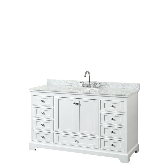 Wyndham Collection Vanity Wyndham Collection WCS202060SWHCMUNOMXX Deborah 60 Inch Single Bathroom Vanity in White, White Carrara Marble Countertop, Undermount Oval Sink, and No Mirror
