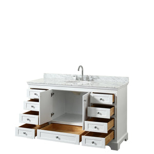 Wyndham Collection Vanity Wyndham Collection WCS202060SWHCMUNOMXX Deborah 60 Inch Single Bathroom Vanity in White, White Carrara Marble Countertop, Undermount Oval Sink, and No Mirror