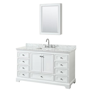 Wyndham Collection Vanity Wyndham Collection WCS202060SWHCMUNSMED Deborah 60 Inch Single Bathroom Vanity in White, White Carrara Marble Countertop, Undermount Square Sink, and Medicine Cabinet