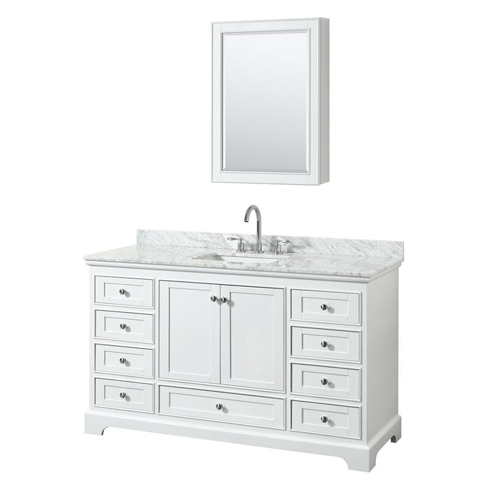 Wyndham Collection Vanity Wyndham Collection WCS202060SWHCMUNSMED Deborah 60 Inch Single Bathroom Vanity in White, White Carrara Marble Countertop, Undermount Square Sink, and Medicine Cabinet