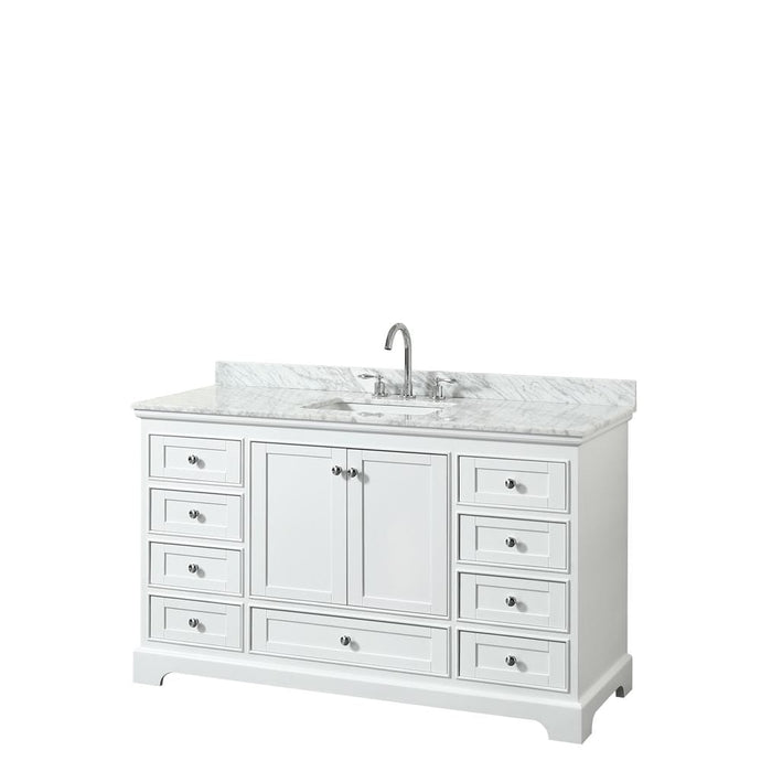 Wyndham Collection Vanity Wyndham Collection WCS202060SWHCMUNSMXX Deborah 60 Inch Single Bathroom Vanity in White, White Carrara Marble Countertop, Undermount Square Sink, and No Mirror