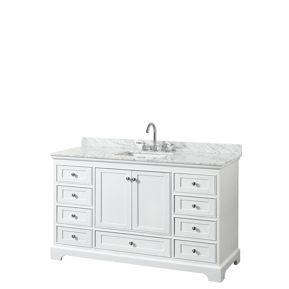 Wyndham Collection Vanity Wyndham Collection WCS202060SWHCMUNSMXX Deborah 60 Inch Single Bathroom Vanity in White, White Carrara Marble Countertop, Undermount Square Sink, and No Mirror
