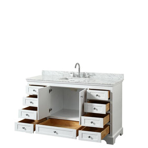 Wyndham Collection Vanity Wyndham Collection WCS202060SWHCMUNSMXX Deborah 60 Inch Single Bathroom Vanity in White, White Carrara Marble Countertop, Undermount Square Sink, and No Mirror