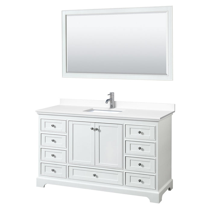 Wyndham Collection Vanity Wyndham Collection WCS202060SWHWCUNSM58 Deborah 60 Inch Single Bathroom Vanity in White, White Cultured Marble Countertop, Undermount Square Sink, 58 Inch Mirror