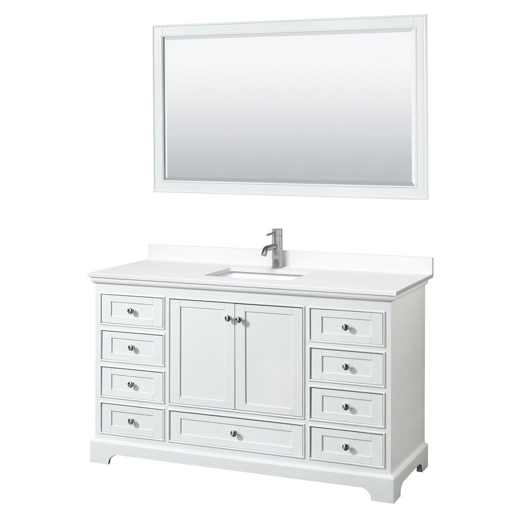 Wyndham Collection Vanity Wyndham Collection WCS202060SWHWCUNSM58 Deborah 60 Inch Single Bathroom Vanity in White, White Cultured Marble Countertop, Undermount Square Sink, 58 Inch Mirror