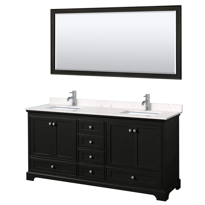 Wyndham Collection Vanity Wyndham Collection WCS202072DDEC2UNSM70 Deborah 72 Inch Double Bathroom Vanity in Dark Espresso, Light-Vein Carrara Cultured Marble Countertop, Undermount Square Sinks, 70 Inch Mirror