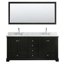 Load image into Gallery viewer, Wyndham Collection Vanity Wyndham Collection WCS202072DDECMUNOM70 Deborah 72 Inch Double Bathroom Vanity in Dark Espresso, White Carrara Marble Countertop, Undermount Oval Sinks, and 70 Inch Mirror