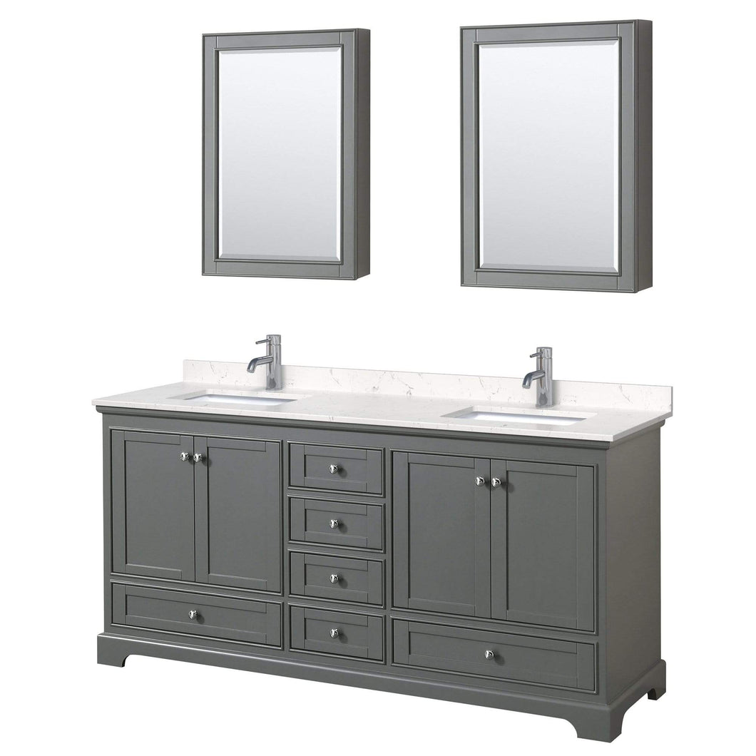 Wyndham Collection Vanity Wyndham Collection WCS202072DKGC2UNSMED Deborah 72 Inch Double Bathroom Vanity in Dark Gray, Light-Vein Carrara Cultured Marble Countertop, Undermount Square Sinks, Medicine Cabinets