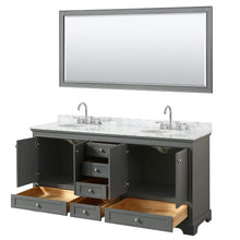 Load image into Gallery viewer, Wyndham Collection Vanity Wyndham Collection WCS202072DKGCMUNOM70 Deborah 72 Inch Double Bathroom Vanity in Dark Gray, White Carrara Marble Countertop, Undermount Oval Sinks, and 70 Inch Mirror