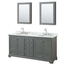 Load image into Gallery viewer, Wyndham Collection Vanity Wyndham Collection WCS202072DKGCMUNOMED Deborah 72 Inch Double Bathroom Vanity in Dark Gray, White Carrara Marble Countertop, Undermount Oval Sinks, and Medicine Cabinets