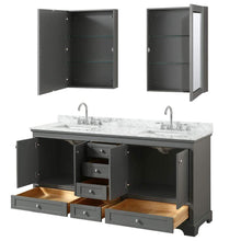 Load image into Gallery viewer, Wyndham Collection Vanity Wyndham Collection WCS202072DKGCMUNSMED Deborah 72 Inch Double Bathroom Vanity in Dark Gray, White Carrara Marble Countertop, Undermount Square Sinks, and Medicine Cabinets