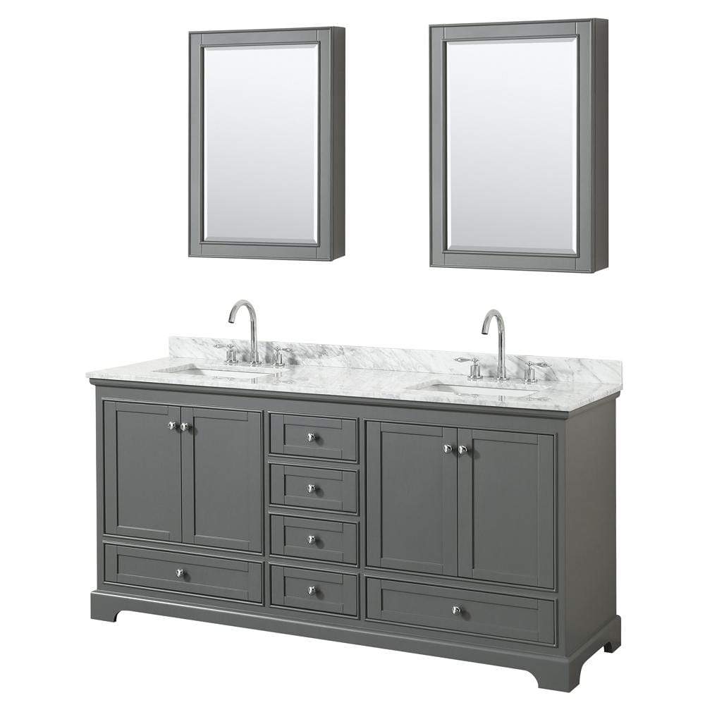 Wyndham Collection Vanity Wyndham Collection WCS202072DKGCMUNSMED Deborah 72 Inch Double Bathroom Vanity in Dark Gray, White Carrara Marble Countertop, Undermount Square Sinks, and Medicine Cabinets