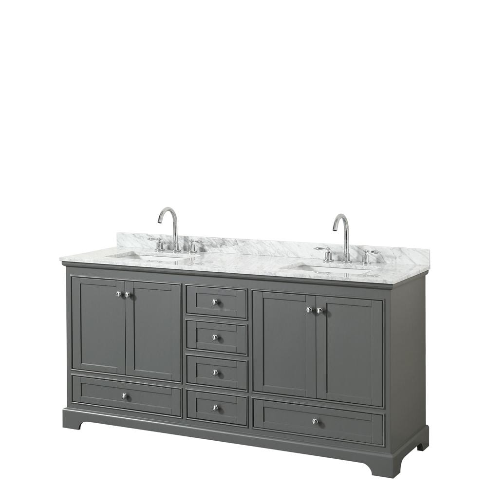 Wyndham Collection Vanity Wyndham Collection WCS202072DKGCMUNSMXX Deborah 72 Inch Double Bathroom Vanity in Dark Gray, White Carrara Marble Countertop, Undermount Square Sinks, and No Mirror
