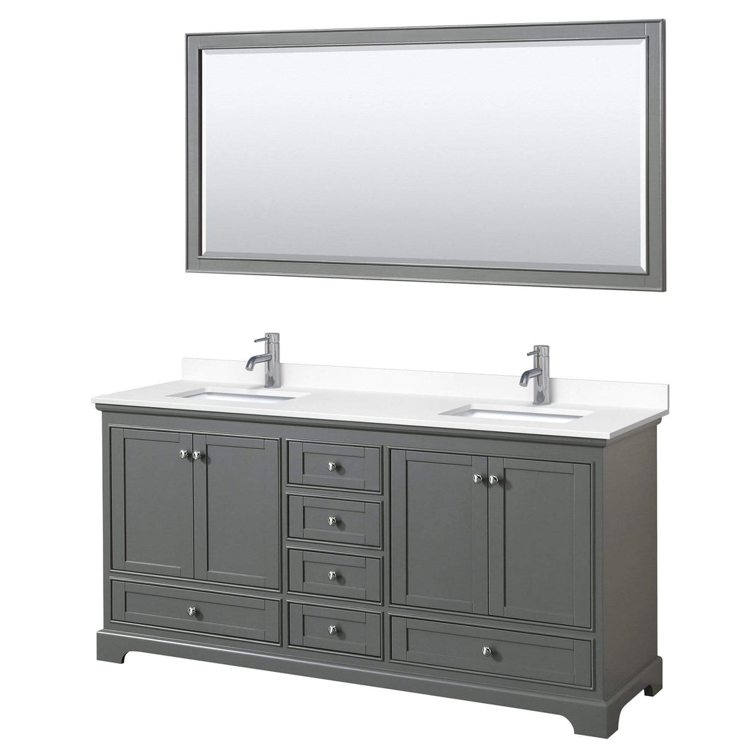 Wyndham Collection Vanity Wyndham Collection WCS202072DKGWCUNSM70 Deborah 72 Inch Double Bathroom Vanity in Dark Gray, White Cultured Marble Countertop, Undermount Square Sinks, 70 Inch Mirror