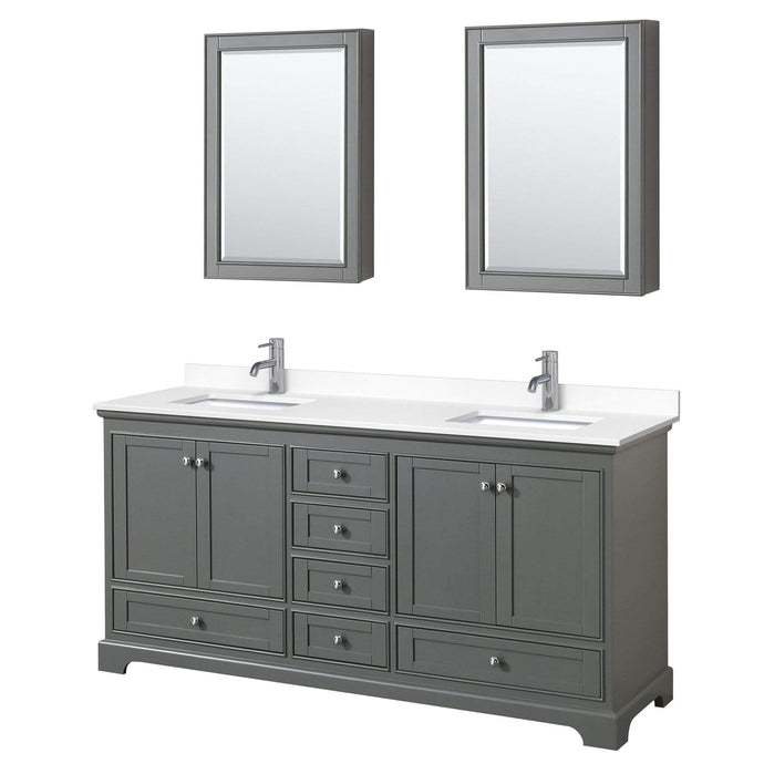 Wyndham Collection Vanity Wyndham Collection WCS202072DKGWCUNSMED Deborah 72 Inch Double Bathroom Vanity in Dark Gray, White Cultured Marble Countertop, Undermount Square Sinks, Medicine Cabinets