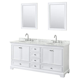 Wyndham Collection Vanity Wyndham Collection WCS202072DWHCMUNOM24 Deborah 72 Inch Double Bathroom Vanity in White, White Carrara Marble Countertop, Undermount Oval Sinks, and 24 Inch Mirrors