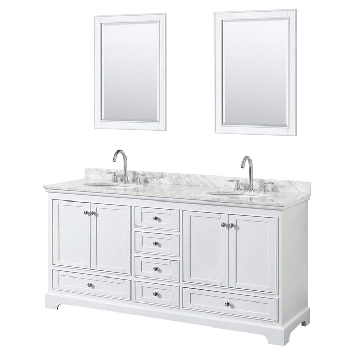 Wyndham Collection Vanity Wyndham Collection WCS202072DWHCMUNOM24 Deborah 72 Inch Double Bathroom Vanity in White, White Carrara Marble Countertop, Undermount Oval Sinks, and 24 Inch Mirrors