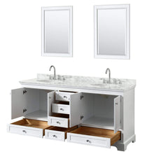 Load image into Gallery viewer, Wyndham Collection Vanity Wyndham Collection WCS202072DWHCMUNOM24 Deborah 72 Inch Double Bathroom Vanity in White, White Carrara Marble Countertop, Undermount Oval Sinks, and 24 Inch Mirrors
