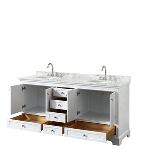 Wyndham Collection Vanity Wyndham Collection WCS202072DWHCMUNOMXX Deborah 72 Inch Double Bathroom Vanity in White, White Carrara Marble Countertop, Undermount Oval Sinks, and No Mirrors