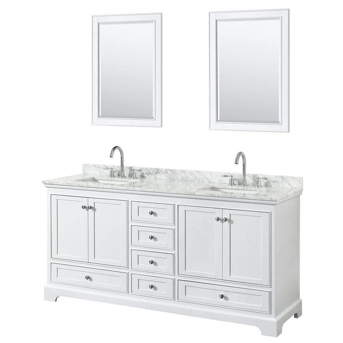 Wyndham Collection Vanity Wyndham Collection WCS202072DWHCMUNSM24 Deborah 72 Inch Double Bathroom Vanity in White, White Carrara Marble Countertop, Undermount Square Sinks, and 24 Inch Mirrors