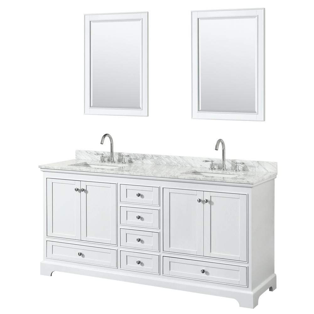Wyndham Collection Vanity Wyndham Collection WCS202072DWHCMUNSM24 Deborah 72 Inch Double Bathroom Vanity in White, White Carrara Marble Countertop, Undermount Square Sinks, and 24 Inch Mirrors