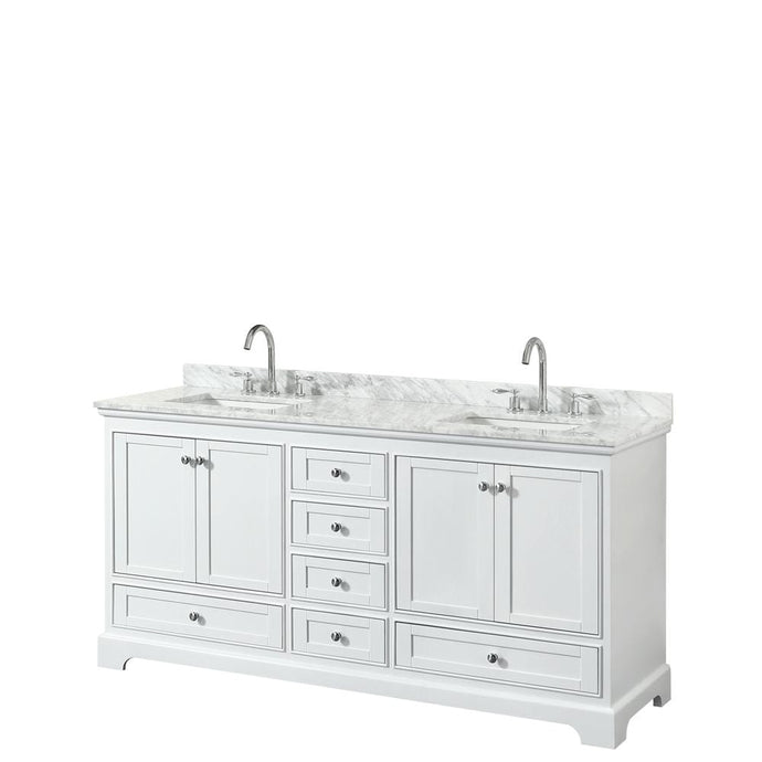 Wyndham Collection Vanity Wyndham Collection WCS202072DWHCMUNSMXX Deborah 72 Inch Double Bathroom Vanity in White, White Carrara Marble Countertop, Undermount Square Sinks, and No Mirror