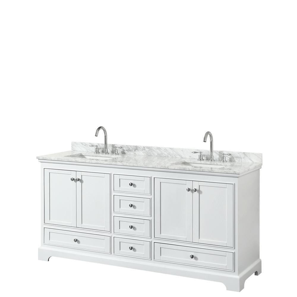 Wyndham Collection Vanity Wyndham Collection WCS202072DWHCMUNSMXX Deborah 72 Inch Double Bathroom Vanity in White, White Carrara Marble Countertop, Undermount Square Sinks, and No Mirror