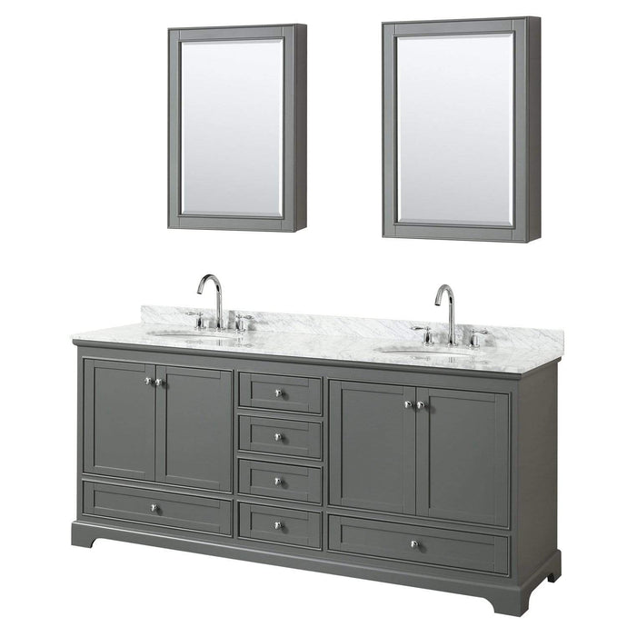 Wyndham Collection Vanity Wyndham Collection WCS202080DKGCMUNOMED Deborah 80 Inch Double Bathroom Vanity in Dark Gray, White Carrara Marble Countertop, Undermount Oval Sinks, and Medicine Cabinets