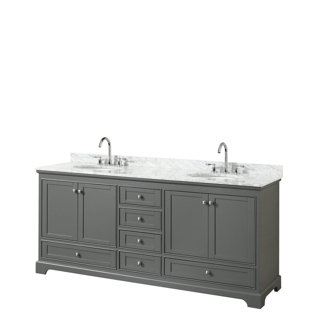 Wyndham Collection Vanity Wyndham Collection WCS202080DKGCMUNOMXX Deborah 80 Inch Double Bathroom Vanity in Dark Gray, White Carrara Marble Countertop, Undermount Oval Sinks, and No Mirrors