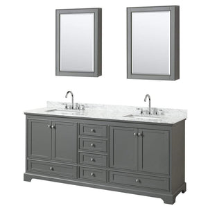 Wyndham Collection Vanity Wyndham Collection WCS202080DKGCMUNSMED Deborah 80 Inch Double Bathroom Vanity in Dark Gray, White Carrara Marble Countertop, Undermount Square Sinks, and Medicine Cabinets