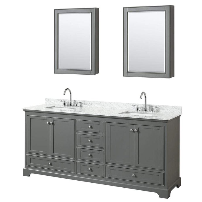 Wyndham Collection Vanity Wyndham Collection WCS202080DKGCMUNSMED Deborah 80 Inch Double Bathroom Vanity in Dark Gray, White Carrara Marble Countertop, Undermount Square Sinks, and Medicine Cabinets