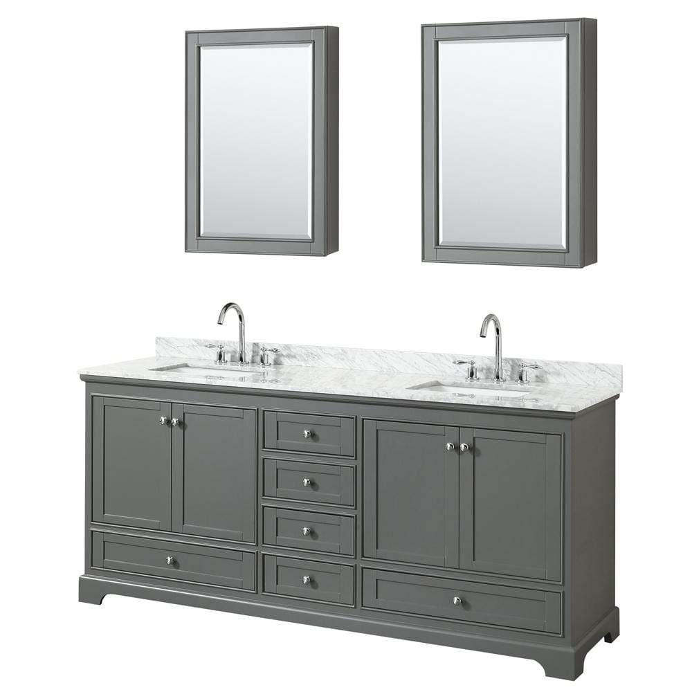Wyndham Collection Vanity Wyndham Collection WCS202080DKGCMUNSMED Deborah 80 Inch Double Bathroom Vanity in Dark Gray, White Carrara Marble Countertop, Undermount Square Sinks, and Medicine Cabinets