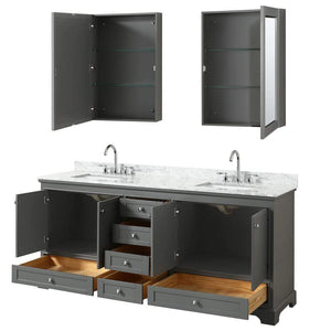 Wyndham Collection Vanity Wyndham Collection WCS202080DKGCMUNSMED Deborah 80 Inch Double Bathroom Vanity in Dark Gray, White Carrara Marble Countertop, Undermount Square Sinks, and Medicine Cabinets