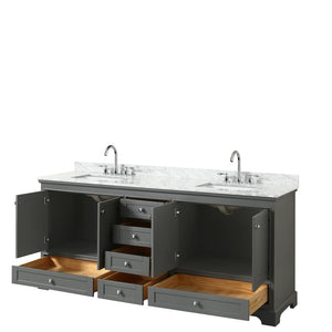Wyndham Collection Vanity Wyndham Collection WCS202080DKGCMUNSMXX Deborah 80 Inch Double Bathroom Vanity in Dark Gray, White Carrara Marble Countertop, Undermount Square Sinks, and No Mirror