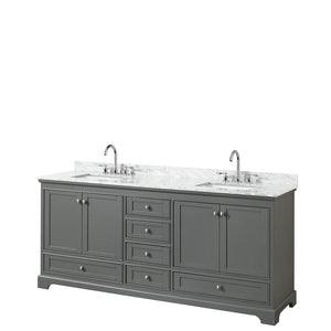 Wyndham Collection Vanity Wyndham Collection WCS202080DKGCMUNSMXX Deborah 80 Inch Double Bathroom Vanity in Dark Gray, White Carrara Marble Countertop, Undermount Square Sinks, and No Mirror