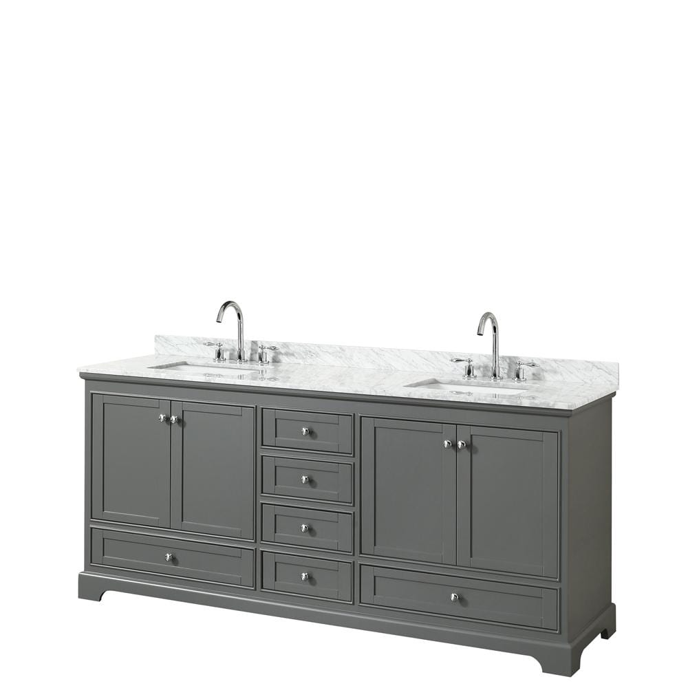 Wyndham Collection Vanity Wyndham Collection WCS202080DKGCMUNSMXX Deborah 80 Inch Double Bathroom Vanity in Dark Gray, White Carrara Marble Countertop, Undermount Square Sinks, and No Mirror