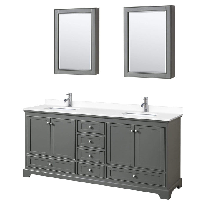 Wyndham Collection Vanity Wyndham Collection WCS202080DKGWCUNSMED Deborah 80 Inch Double Bathroom Vanity in Dark Gray, White Cultured Marble Countertop, Undermount Square Sinks, Medicine Cabinets