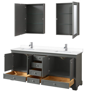 Wyndham Collection Vanity Wyndham Collection WCS202080DKGWCUNSMED Deborah 80 Inch Double Bathroom Vanity in Dark Gray, White Cultured Marble Countertop, Undermount Square Sinks, Medicine Cabinets