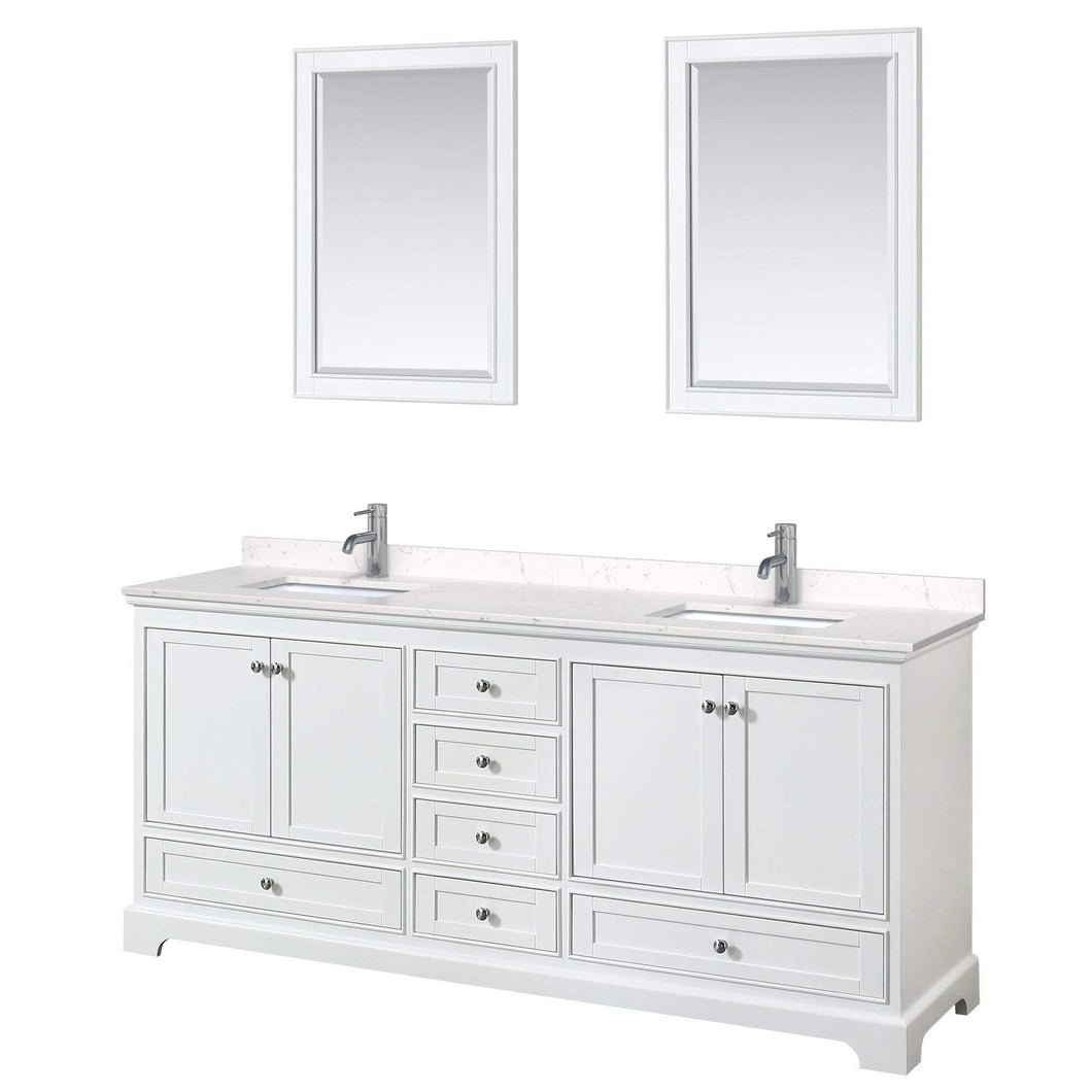 Wyndham Collection Vanity Wyndham Collection WCS202080DWHC2UNSM24 Deborah 80 Inch Double Bathroom Vanity in White, Light-Vein Carrara Cultured Marble Countertop, Undermount Square Sinks, 24 Inch Mirrors