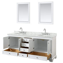 Load image into Gallery viewer, Wyndham Collection Vanity Wyndham Collection WCS202080DWHCMUNOM24 Deborah 80 Inch Double Bathroom Vanity in White, White Carrara Marble Countertop, Undermount Oval Sinks, and 24 Inch Mirrors