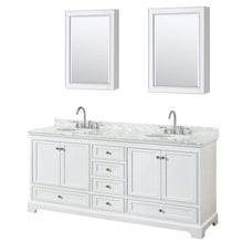 Load image into Gallery viewer, Wyndham Collection Vanity Wyndham Collection WCS202080DWHCMUNOMED Deborah 80 Inch Double Bathroom Vanity in White, White Carrara Marble Countertop, Undermount Oval Sinks, and Medicine Cabinets