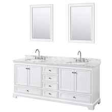 Load image into Gallery viewer, Wyndham Collection Vanity Wyndham Collection WCS202080DWHCMUNSM24 Deborah 80 Inch Double Bathroom Vanity in White, White Carrara Marble Countertop, Undermount Square Sinks, and 24 Inch Mirrors