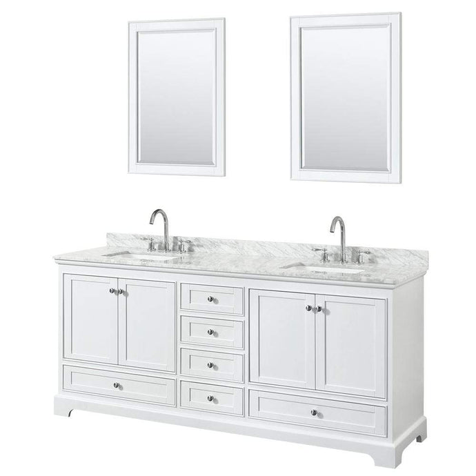 Wyndham Collection Vanity Wyndham Collection WCS202080DWHCMUNSM24 Deborah 80 Inch Double Bathroom Vanity in White, White Carrara Marble Countertop, Undermount Square Sinks, and 24 Inch Mirrors