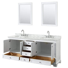 Load image into Gallery viewer, Wyndham Collection Vanity Wyndham Collection WCS202080DWHCMUNSM24 Deborah 80 Inch Double Bathroom Vanity in White, White Carrara Marble Countertop, Undermount Square Sinks, and 24 Inch Mirrors
