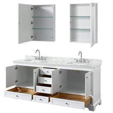 Load image into Gallery viewer, Wyndham Collection Vanity Wyndham Collection WCS202080DWHCMUNSMED Deborah 80 Inch Double Bathroom Vanity in White, White Carrara Marble Countertop, Undermount Square Sinks, and Medicine Cabinets