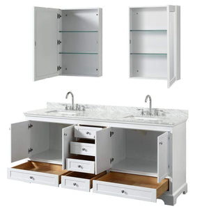 Wyndham Collection Vanity Wyndham Collection WCS202080DWHCMUNSMED Deborah 80 Inch Double Bathroom Vanity in White, White Carrara Marble Countertop, Undermount Square Sinks, and Medicine Cabinets